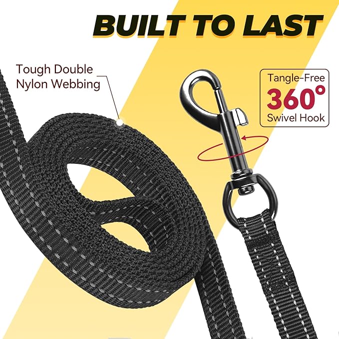 VIVAGLORY Twingrip Dog Leash, Double Handle Dog Leash for Training & Walking with Traffic Handle & 2 Loop, Traffic Control Reflective Heavy Duty for Puppy Pet, 6ft x 1/2in, Black