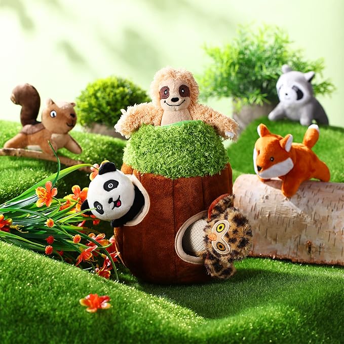 Skylety 7 Pieces Hide and Seek Dog Toys Activity Puppy Chew Squeaky Toys Plush Stuffing Woodland Stuffing with Squeakers for Small Medium Pets Dogs Puppy Gift(Cute,Small)