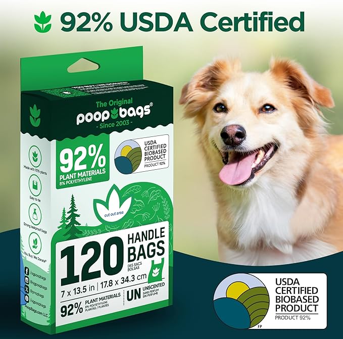 The Original Poop Bags® Tie-Handle Dog Waste Bags, 92% Plant-Based, USDA Certified, Heavy Duty, Large (240 Count (Pack of 2))