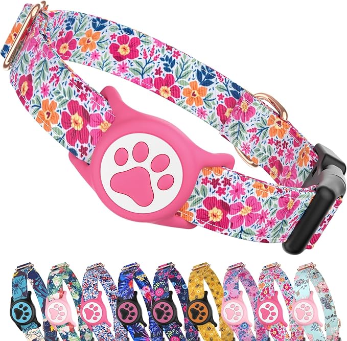 WhoseID Airtag Dog Collar,with Waterproof airtag Holder，Original Stylish Cute Pattern Design.QR Code ID Buckle，Comfortable Soft Cotton for Small Medium Large Dogs