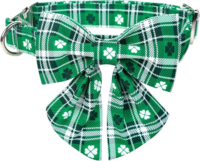 Lionet Paws St Patricks Day Dog Collar with Bowtie, Irish Green Shamrock Clover Sailor Bow Collar with Metal Buckle for Dogs and Cats, Adjustable Cute Dog Collar Girl, S, Neck 10-16 in