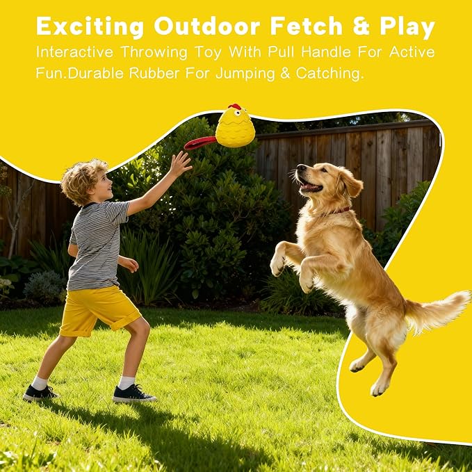 Interactive Dog Toy Ball - Squeaky Treat Dispenser, Pull Handle & Wobble Puzzle, Durable Natural Rubber Chicken Chew Toy for Boredom Relief, IQ Training for Small Medium Large Dogs