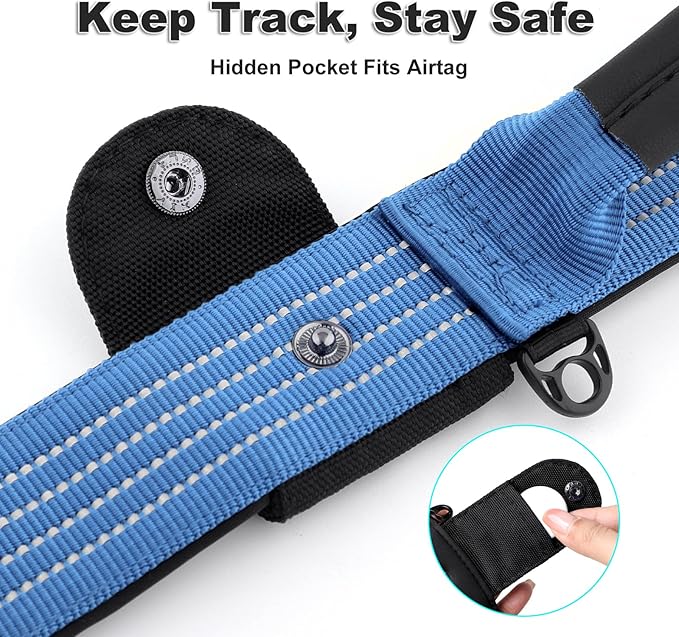 Plutus Pet Tactical Dog Collar with Tracker Pocket for AirTag, Adjustable Reflective Nylon Collar, Metal Buckle, Leather-Wrapped Handle, Soft Padded for Medium Large Dogs (Blue, L)