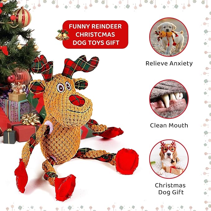 Christmas Dog Toys for Small Medium Large Dogs, Squeaky Plush Chew Toys with Squeaker & Crinkle - Tough Durable Lambchop Stuffed Animal, Puppy Stocking Stuffers (Deep Brown)