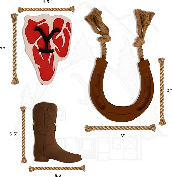 design LAB, Inc. Official Yellowstone Merchandise | Toy Bundle - Variety Gift Set for Yellowstone Fans with Dogs | Squeaky Toys Include Branded Beef Steak, Western Horseshoe, and Cowboy Boot