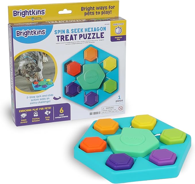 Brightkins Spin & Seek Hexagon Treat Puzzle - Interactive Dog Toys, Puzzle Feeder for Small and Large Dogs, Enrichment Toy Puzzles to Keep Pets Busy, Treat Dispensing Puppy Toys, Cognitive Dog Toy