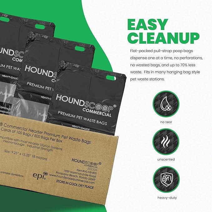 800 Count Pull-Strap Header Pet Waste Bags, 8 Header Packs of 100 Bags, Dog Waste Station Bags for HOA, Residential, XL and Strong, Easy Single Pull for Poop Station Dispensers