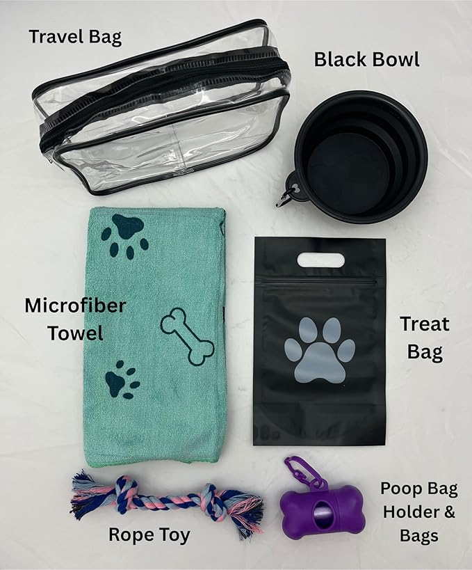Dog Travel & Outdoor Kit, 5-in-1 Collapsible Bowl, Rope Toy, Microfiber Towel, Treat Bag, Waste Bag Holder and Bags, & Clear Travel Bag - Portable for Walking, Hiking, Camping (Purple)