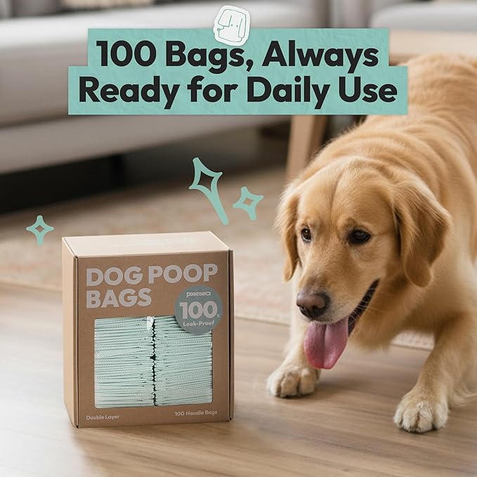 2-Ply Dog Poop Bags, Leak-Proof Dog Waste Bags with Easy-Tie Handles, Durable Poop Bags for Dogs to Stop Yucky Leaks & Mess, Unscented, 100 Count