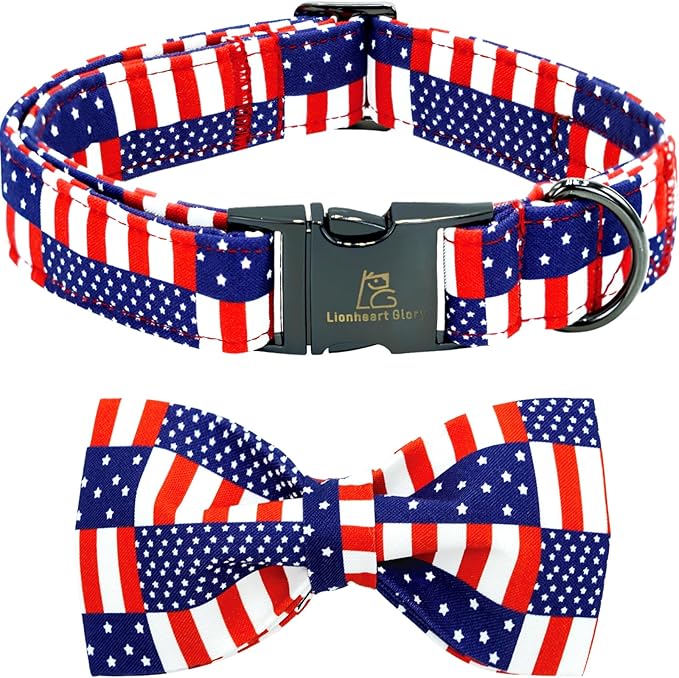 Lionheart glory American Flag Dog Collar 4 of July Independence Patriotic Dog Bow Collars Heavy Duty Adjustable Soft Collar with Bowtie for Large Dogs Pet Gift