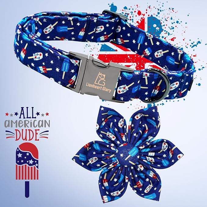 Lionheart glory American Flag Dog Collar 4 of July Dog Collars with Flower Independence Patriotic Dog Flower Collars Heavy Duty Adjustable Collar Flower for Large Dogs Pet Gift