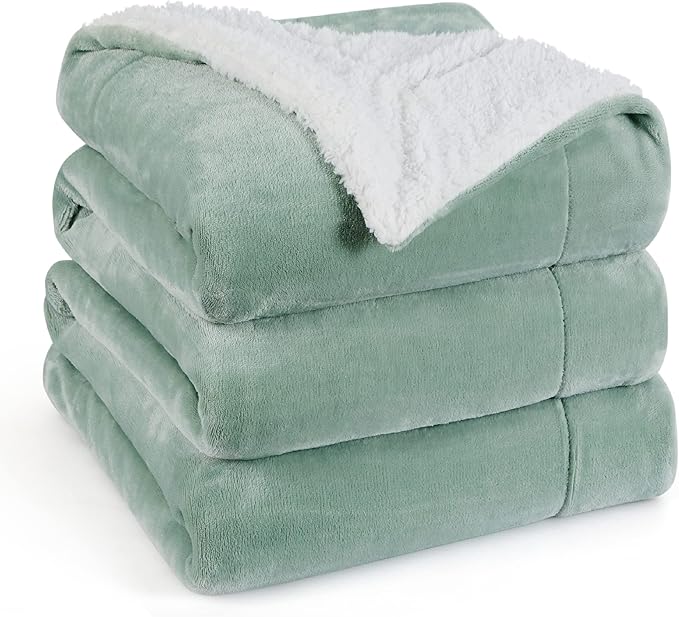Bedsure GentleSoft Sherpa Fleece Blanket Queen Size for Bed, Non-Heated, Thick and Warm Throw for Women and Men, Soft Fuzzy Plush Queen Blanket for Winter, Sage Green, 90x90 Inches