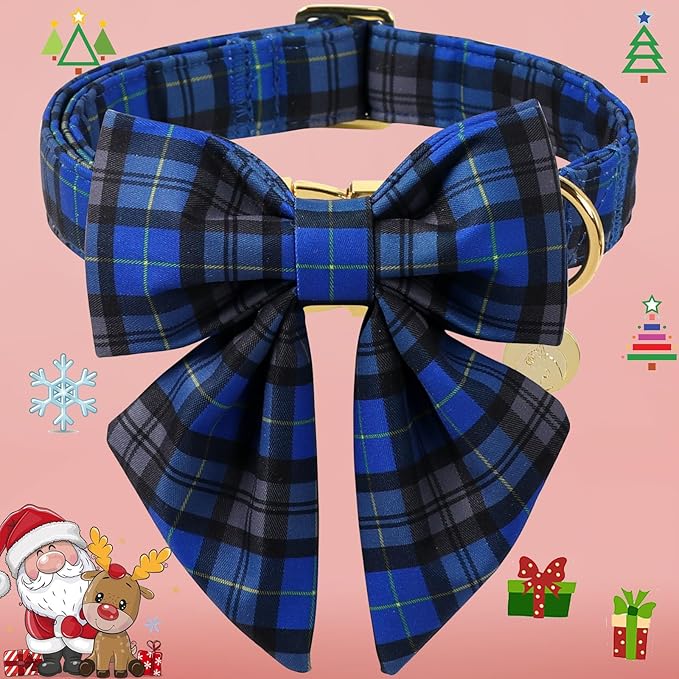 DOGWONG Christmas Dog Collar with Sailor Bow Tie, Blue Plaid Dog Collar Durable Metal Buckle Adjustable Blue Grid Dogs Collars for Small Dogs, S