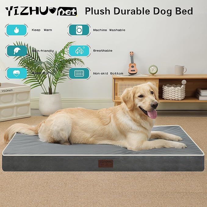 Dog Bed Mats for Large Big Dogs - Orthopedic Dog Pet Bed Thick Egg Foam Crate, Removable Washable Cover, Non-Slip Bottom Durable Dog Crate Bed Mat (Dark Gray, XXXL(54''x42''x4''))