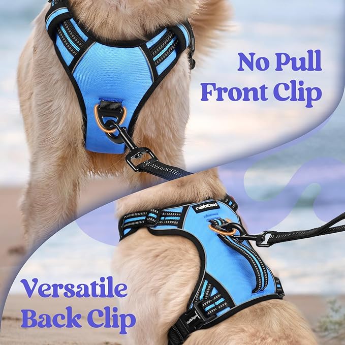 rabbitgoo Dog Harness Medium Sized, No Pull Pet Harness with Soft Padded Handle, Adjustable Reflective Vest with 3 Buckles, Easy Walking Harness with 2 Leash Clips, Light Blue, M