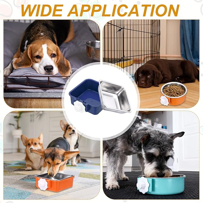 Crate Dog Bowl, Removable Stainless Steel Pet Cage Hanging Anti-Overturn Food Water Feeder Cage Cup (2Pcs, Square, Dark Blue/Orange, 17.7oz), Intended for Puppies/Cat/Rabbit/Bird