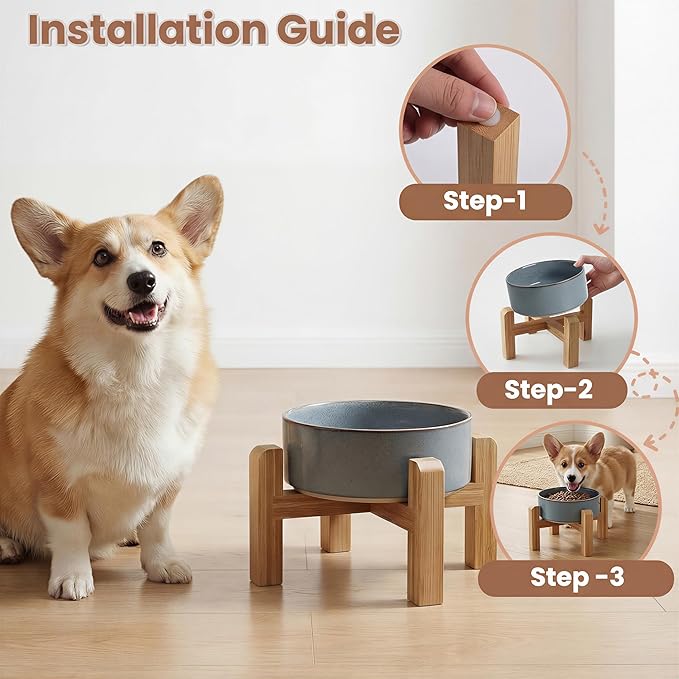 hjn Elevated Ceramic Dog Bowl with Bamboo Stand, Raised Pet Feeding Station for Small Medium Dogs Cats, Modern Design with Anti-Slip Base (Gray Blue, 3.6Cup)