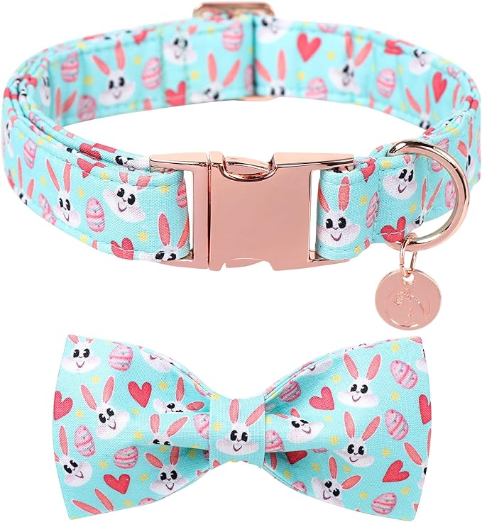 DOGWONG Cotton Easter Dog Collar with Bowtie, Soft Adjustable Blue Bunny Easter Day Dog Collar Cute Colorful Egg Puppy Collar for Small Medium Large Dog