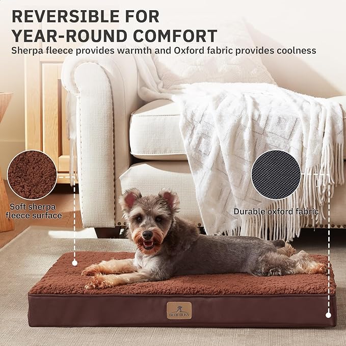 Bedfolks Orthopedic Dog Bed for Medium Dogs - Egg Foam Dog Crate Bed with Removable Waterproof Cover, Pet Bed Mat Suitable for Dogs and Pets Up to 35 lbs (30 x 20 x 3 inches, Brown)