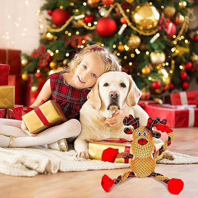 Christmas Dog Toys for Small Medium Large Dogs, Squeaky Plush Chew Toys with Squeaker & Crinkle - Tough Durable Lambchop Stuffed Animal, Puppy Stocking Stuffers (Deep Brown)