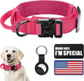 Tactical Dog Collar and Bungee Leash,Military Dog Collar & Leash Set with USA American Flag Adjustable K9 Collar with Heavy Duty Metal Buckle & Handle,with Patches and Airtags Case (Pink(1PCS), XL)