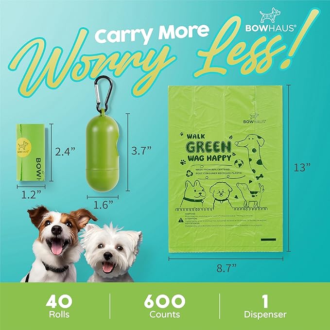 Lavender Scented Dog Poop Bags w/Dispenser, 80% PCR Eco-Friendly Materials, 9” x 13” Extra Thick Leak Proof Waste Bag for Pet, Doggy Bag Refill Rolls, Versatile Dog Waste Bags, 600 Counts