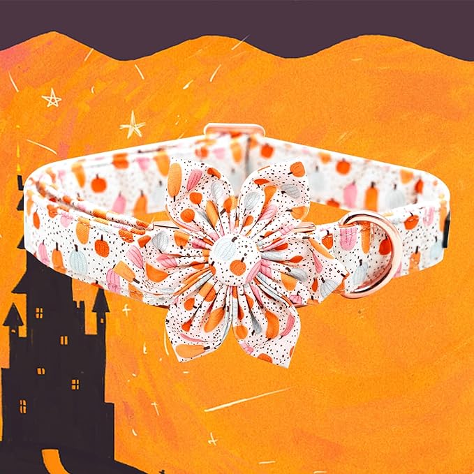 Elegant Little Tail Halloween Dog Collar with Pumpkin & Flowers for X-Small Dogs
