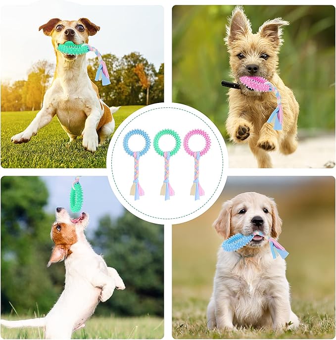 TIESOME Puppy Teething Toys with Cotton Ropes, 3 Pcs Rubber Small Dog Chew Toy Rings Aggressive Chew Toys for Dogs Oral Teeth Soothe Itching Puppy Chew Toys Interactive Pet Toys for Small/Medium Dogs