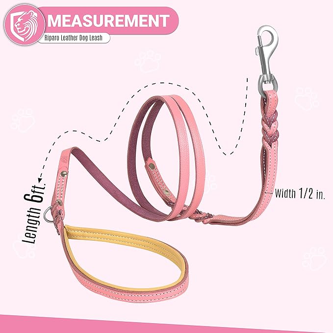 Riparo Leather Dog Leash - Pink, 6FT Long for Small Dogs