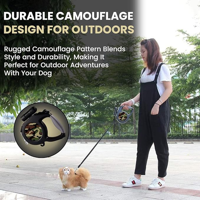 Camo Dog Leash - 26ft Retractable with Flashlight - Medium to Large Dogs
