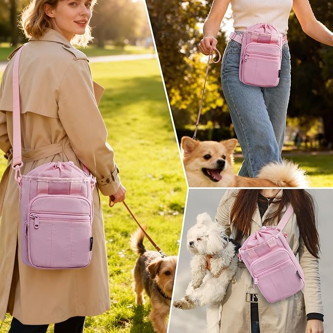 Stylish Dog Training Treat Pouch with Waist & Shoulder Strap, Dog Treat Bag for Walking and Training, Removable Waterproof Liner, Drawstring Treat Holder with Front Pocket & Clicker