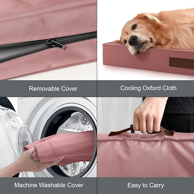 Outdoor Orthopedic Dog Bed, Waterproof Dog Bed for Large Dogs 36x27 Inch, Egg Crate Foam Pet Mat with Washable Removable Oxford Cooling Cover, Pink