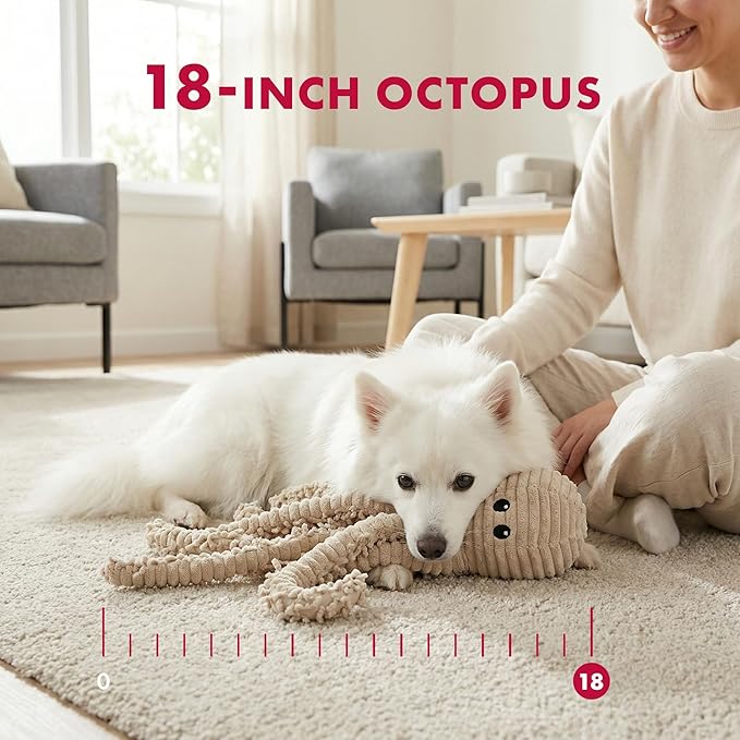 Pet Lou 100% Natural Nubby Plush Dog Toy with Squeaker and Crinkle Paper, Durable Octopus Plush Squeaky Toy for Indoor and Outdoor Play, Large 18 Inch