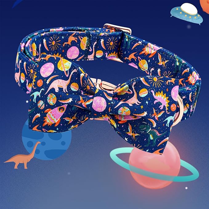 Lionheart glory Dog Bow Collar Dinosaurs Pattern Cute Collars for X-Small Dogs,Soft Duty Adjustable Dog Collar with Bowtie Spring Summer Puppy Collars Bows Pet Gift