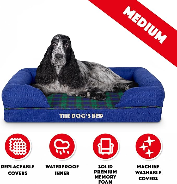 The Dog’s Bed Orthopedic Memory Foam Dog Bed with Bolsters, Oxford Fabric, Black Watch Tartan, Medium