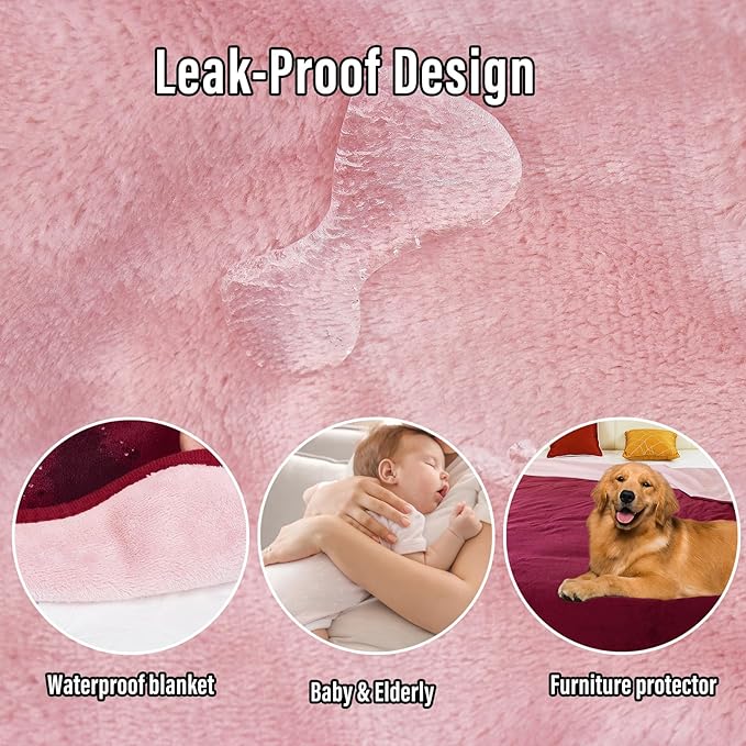 Waterproof Blanket for Bed Couch Sofa, Reversible & Reusable Cat, Dog Blanket Waterproof Washable, Small Water Resistant Blankets, Leakproof (40"x60", Burgundy/Rose Pink)