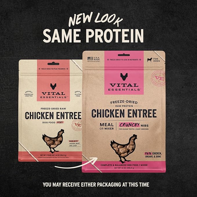 Vital Essentials Freeze Dried Dog Food, Raw Chicken Crunchy Nibs | Complete Meal or Topper | 96% Chicken, Organs & Bone | Limited Ingredient, High Protein, Grain Free Dry Dog Food | 14 oz Bag