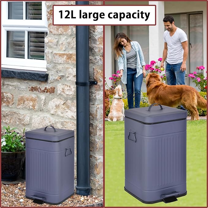 Dog Poop Trash Can with Lid for Outdoors，3.2 Gallon Trash Can with Activated Carbon Filter & Plastic Bags, Pet Waste Container，UP12L-GY-F+90BK