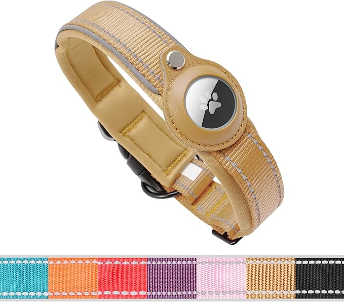 BelleBête & Co. AirTag Dog Collar – Pet Tracking Collar with Patented Anti-Loss Design, Durable and Reinforced Nylon, All-Day Comfort, Stylish Color for Medium and Large Dogs (Khaki, XL: 18.9"-21.7")