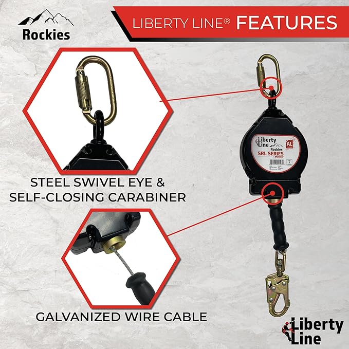 Liberty Line Rockies 30 Foot Aluminum Housing Cable SRL with Snap Hook - Includes Installation Carabiner and Tagline (ANSI)