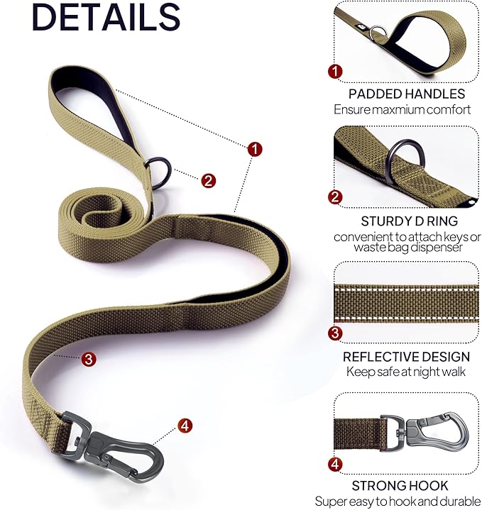 TwoEar 6FT 1IN Strong Brown Dog Leash with 2 Padded Handles, Traffic Handle Extra Control, Comfortable Soft Dual Handle, Auto Lock Hook, Reflective Walking Lead for Small Medium and Large Dogs