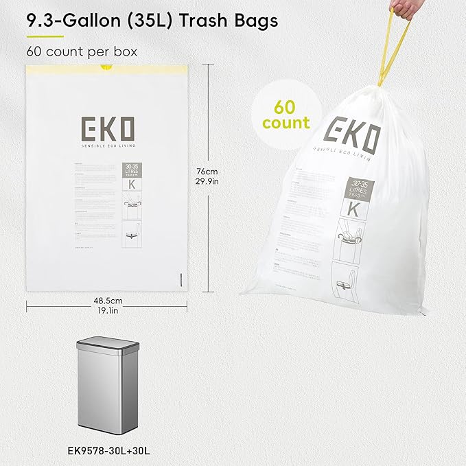 EKO 9.3 Gallon / 30–35 Liter Drawstring Trash Bags, 60 Count Heavy-Duty Tall Kitchen Garbage Can Liners, Extra-Strong Leak-Resistant, Unscented, White, Code K