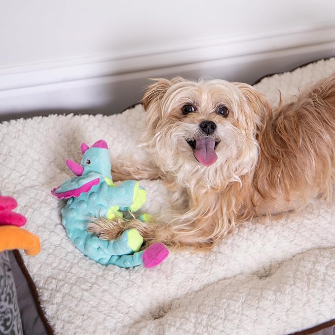 goDog Dinos Frills Squeaky Plush Dog Toy with Chew Guard Technology, Durable Fabric & Squeaker for Active Play, Teal, Small