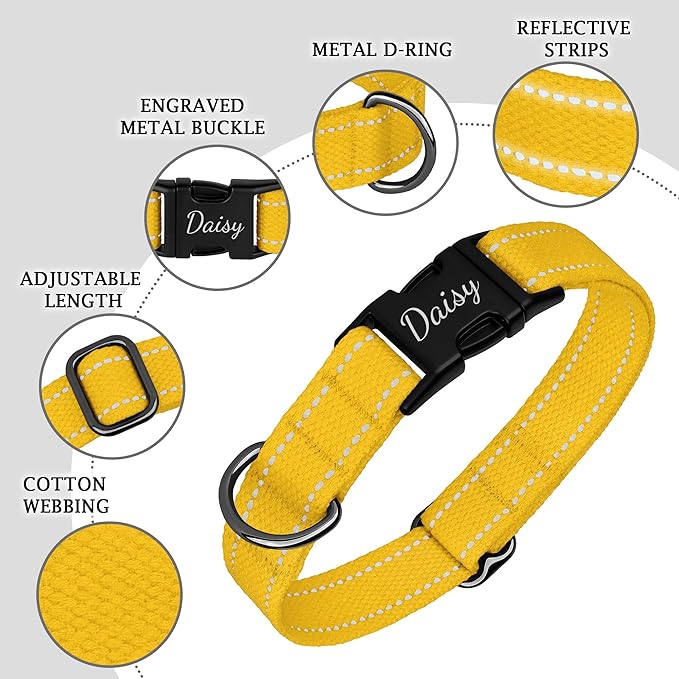 Personalized Dog Collar with Engraved Metal Buckle Reflective Cotton Custom Collar for Dogs Puppy with Name and Phone Number 8 Colors, 4 Sizes (Yellow, L, 15"-19")