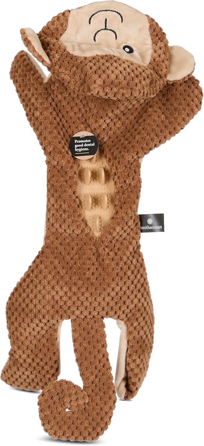 Smithsonian Longamals Monkey Plush Dog Toy – 20" Crinkle & Squeaky, Stuffing-Free Interactive Tug Toy for Medium & Large Dogs