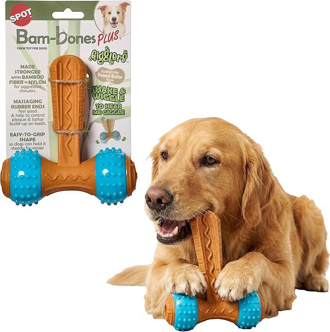 SPOT Bam-Bones Plus Gigglers T-Barbell Durable Dog Chew Toy with Sounds, Bamboo Fiber & Nylon with Rubber Ends, Peanut Butter Flavor, Non-Splintering, for Heavy Chewers & Dogs Under 50 Lbs, 6 Inch