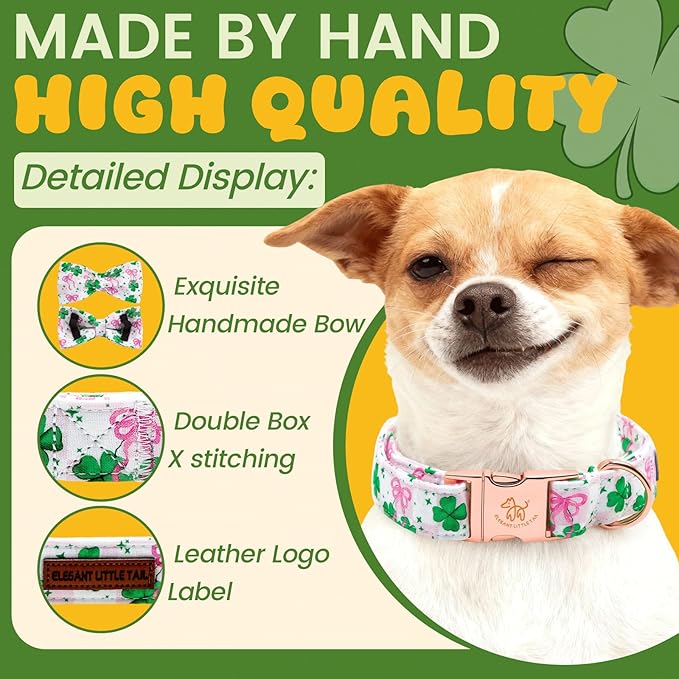 Elegant little tail St Patrick's Dog Collar - Green Lucky Clover Cotton Shamrock Pet Collar Bowtie Cute Pink Collars with Bow Adjustable Pet Collars for X-Small Dogs