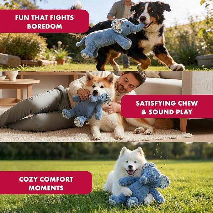 Pet Lou 15" Elephant Plush Dog Toy with Squeakers and Crinkle Paper, Super-Soft Durable Plush, Interactive Stuffed Dog Toy for Indoor & Outdoor Play, Blue