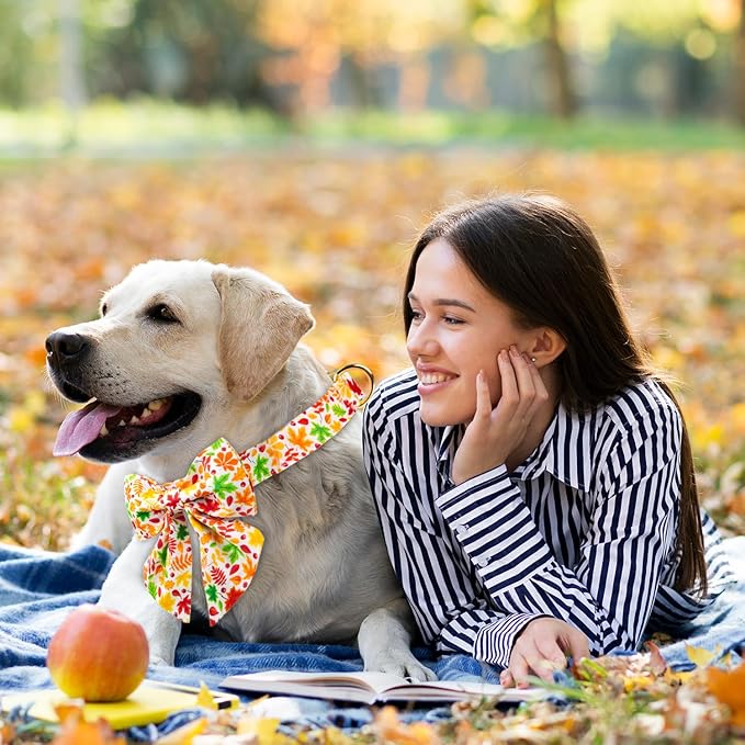 Tunkoo Fall Dog Collar with Elegant Bow Tie - Durable Adjustable Colorful and Stylish Cotton Pet Collar, Available in Small Medium Large, S