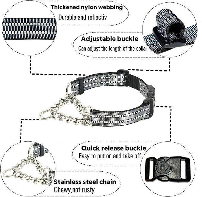 Martingale Dog Collars, Reflective Nylon Collar with Stainless Steel Chain, Adjustable Walking Training Dog Collars with Quick Release Buckle, Suitable for Small Medium Large Dogs(Gray,M)